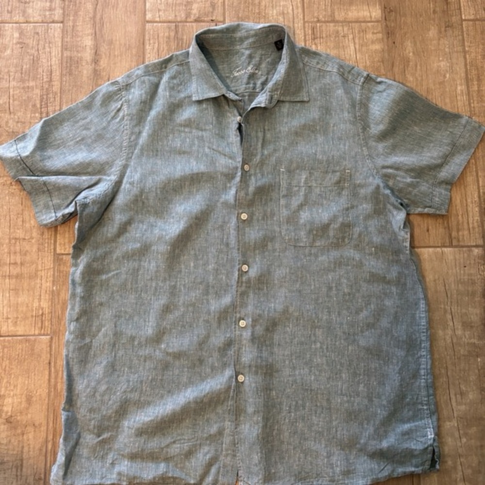 Tasso Elba Mens XL 100% Linen Short Sleeve Button Down Shirt Blue Green Slub EUC